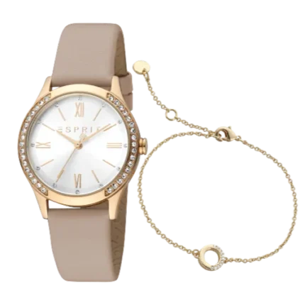 Esprit Anny Pink Leather Silver Dial With Bracelet For Women