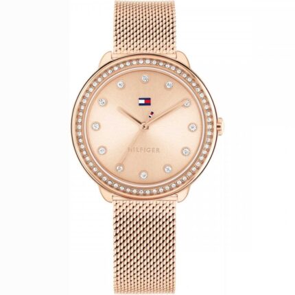 Tommy HilfigerLadies Demi 32mm Stone Set Rose Dial Mesh Bracelet Watch